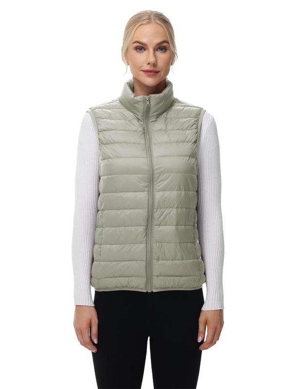 Women's Solid Zip Up Thermal Lined Funnel Neck Vest Jacket, Casual Waterproof Sleeveless Pocket Sports Down Coat for Hiking Camping, Ladies Sportswear for Fall & Winter