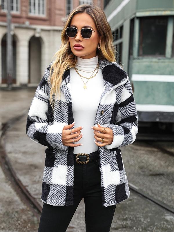 Women's Plaid Print Button Front Drop Shoulder Plush Coat Without Necklace & Sweater, Casual Long Sleeve Pocket Collared Outerwear For Fall & Winter, Women's Clothes For Daily Wear