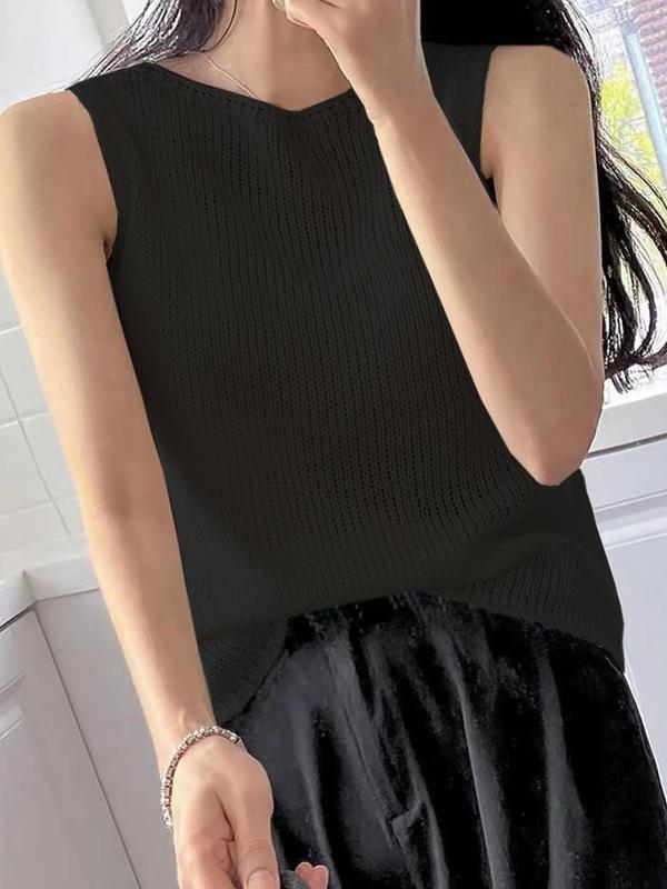 Women's Solid Round Neck Sweater Vest, Summer Clothes Women, Womenswear, Lady Casual Sleeveless Knitwear Top for Spring & Summer, Summer Tops, Summer Outfits 2024,