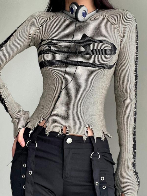 Ripped Graphic Raglan Sleeve Crop Sweater, Femboy Sissy Goth Outfit, Longsleeves Round Neck Jumper, Streetwear Knitting Top, Womenswear, Summer Outfits 2024