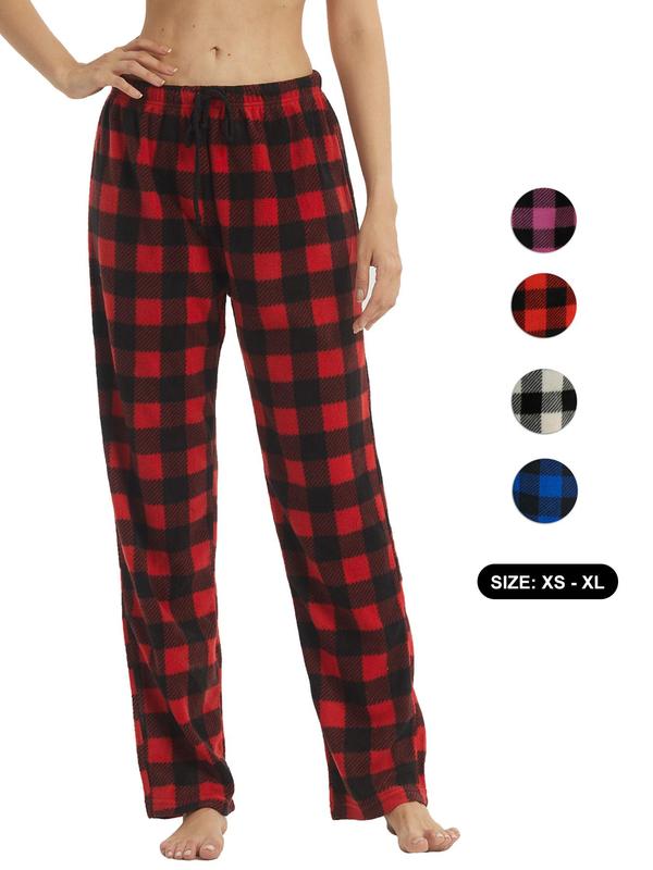 Women's Plaid Print Straight Leg Fleece Pajama Pants, Casual Drawstring Waist PJ Pants, Women Sleep Bottoms for Fall & Winter, Womenswear Pajama Set