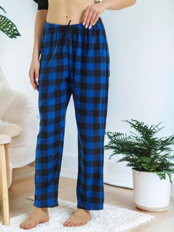 Women's Plaid Print Straight Leg Fleece Pajama Pants, Casual Drawstring Waist PJ Pants, Women Sleep Bottoms for Fall & Winter, Womenswear Pajama Set