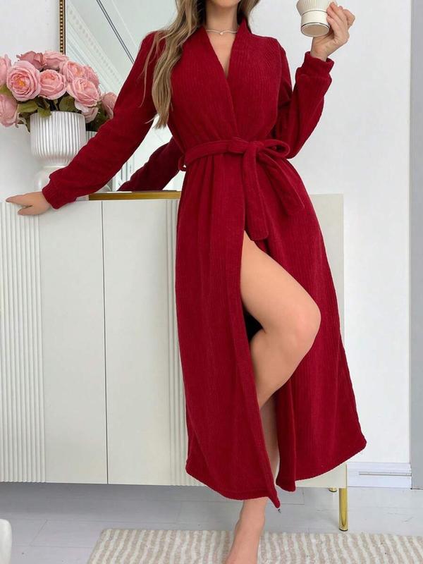 Women's Solid Belted Wrap Lounge Robe, Casual Long Sleeve V Neck Plush Dressing Gown, Ladies Pajamas Sleepwear for Fall & Winter