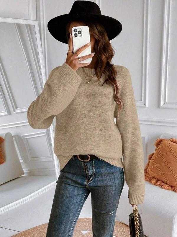 Women's Plain Drop Shoulder Sweater, Casual Long Sleeve Round Neck Jumper for Fall & Winter, Fashion Ladies' Knitwear for Daily Wear