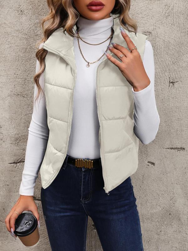 Women's Solid Zip Up Funnel Neck Puffer Vest Coat without Tee, Casual Pocket Design Thermal Waistcoat Outerwear for Fall & Winter, Women's Clothing for Daily Wear