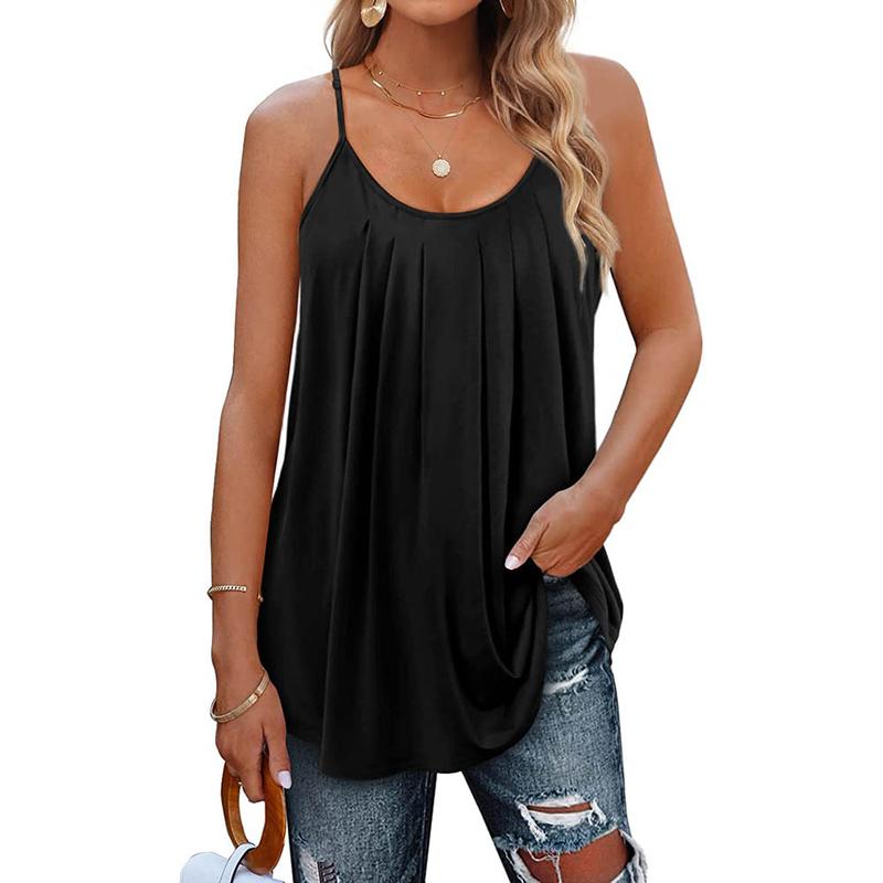 Women Summer Tank Tops Pleated Spaghetti Strap Loose Fit Casual Sleeveless Womenswear Camisole