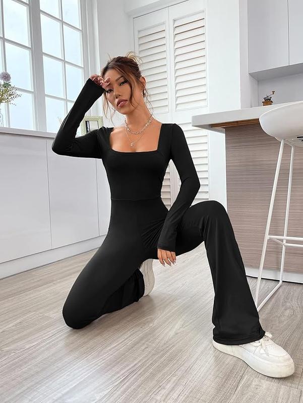 Womens Sexy Open Back Long Sleeve Flared Bottom Pants Romper Bodycon Jumpsuit