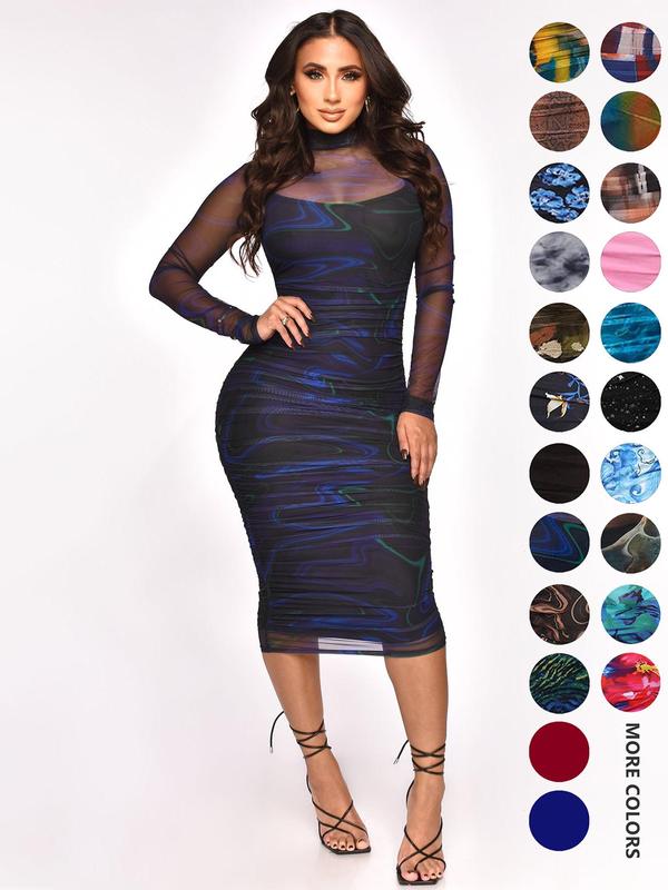 Women's All Over Print Ruched Sheer Bodycon Dress & Spaghetti Strap Cami Dress Set, Mock Neck Long Sleeve Midi Dress & Inner Dress, Ladies Spring & Fall Clothes, Fall Clothing