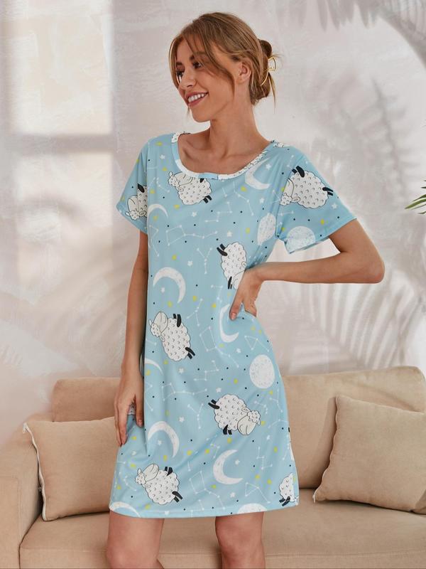 Women's Letter All Over Print Round Neck Nightdress, Casual Comfy Short Sleeve Nightgown for Daily Home Wear, Ladies Sleepwear for All Seasons