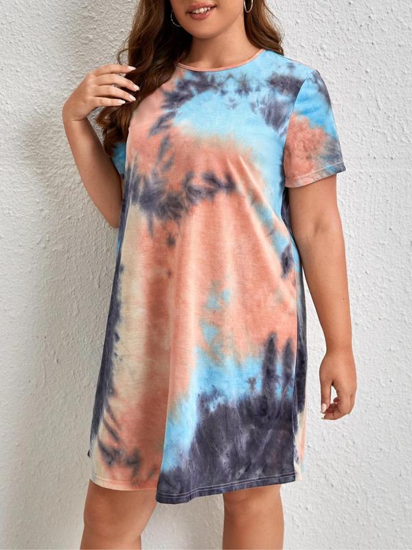 Plus Size Tie Dye Print Round Neck Nightdress, Casual Soft Crew Neck Short Sleeve Nightgown for Women, Women's Sleepwear for Summer