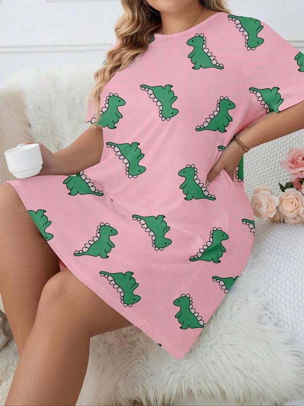  Dinosaur Print Round Neck Nightdress, Casual Soft Comfortable Short Sleeve Nightgown for Women, Women's Sleepwear for All Seasons