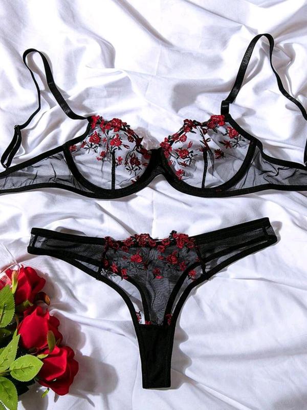 Women's Floral Embroidery Sexy Lingerie Set, Adjustable Strap Bra & Sheer Panty Two-piece Set, Sexy Underwear Set for Women