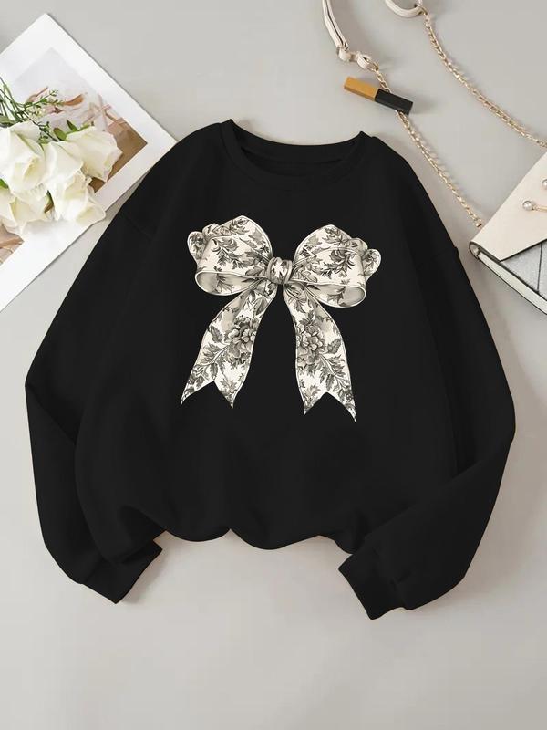 Women's Bow Decor Pullover Sweatshirt, Casual Long Sleeve Crew Neck Sweatshirt for Daily Wear, Ladies Clothes for All Seasons