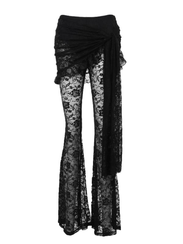 Women's Ribbon Sheer Lace Flare Leg Pants, Y2K Gothic Style High Waist Bell Bottom Trousers for Daily Wear, Ladies Bottoms for All Seasons