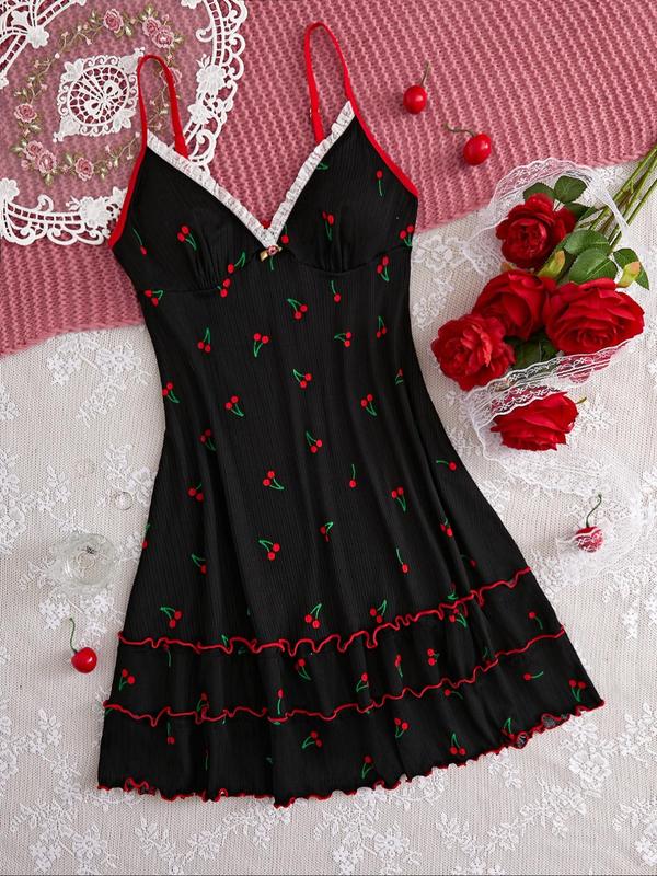 Women's Cherry Print Contrast Lace Frill Cami Nightdress, Summer Wear 2024, Adjustable Spaghetti Strap Contrast Binding Deep V Neck Night Gown for Women, House Dress, Cute Nightwear, Ladies Sleepwear for All Seasons