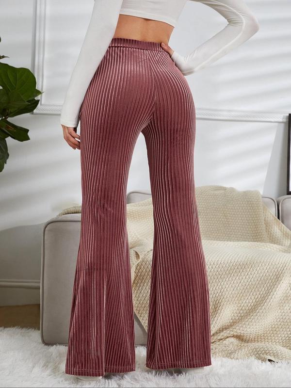 Women's Solid High Waist Flare Leg Pants, Casual Comfy Elastic Waist Bell Bottom Trousers for Daily Wear, Ladies Bottoms for Fall & Winter