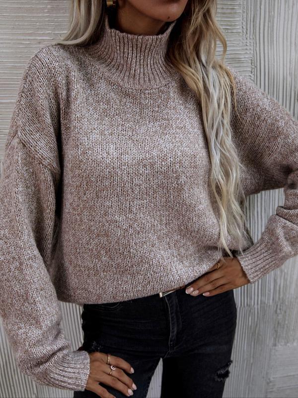 Women's Solid Drop Shoulder High Neck Sweater, Casual Long Sleeve Jumper for Fall & Winter, Fashion Ladies' Knitwear for Daily Wear