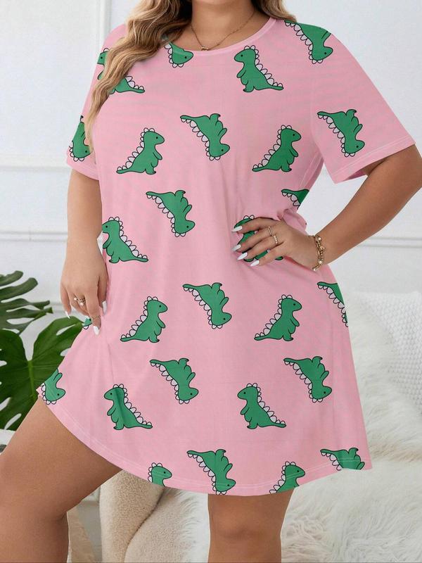  Dinosaur Print Round Neck Nightdress, Casual Soft Comfortable Short Sleeve Nightgown for Women, Women's Sleepwear for All Seasons