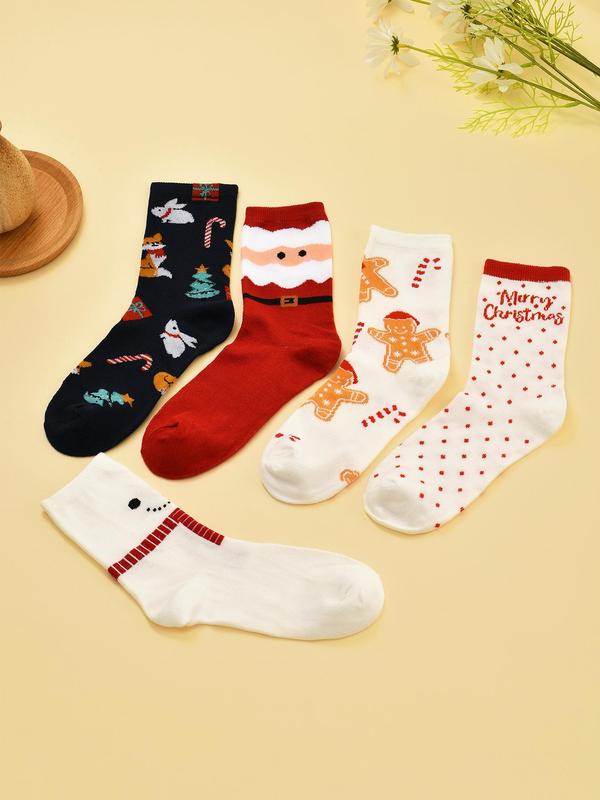 Women's Christmas Themed Cartoon Print Crew Socks, Cute Comfy Socks for Daily Wear, Women's Socks for All Seasons