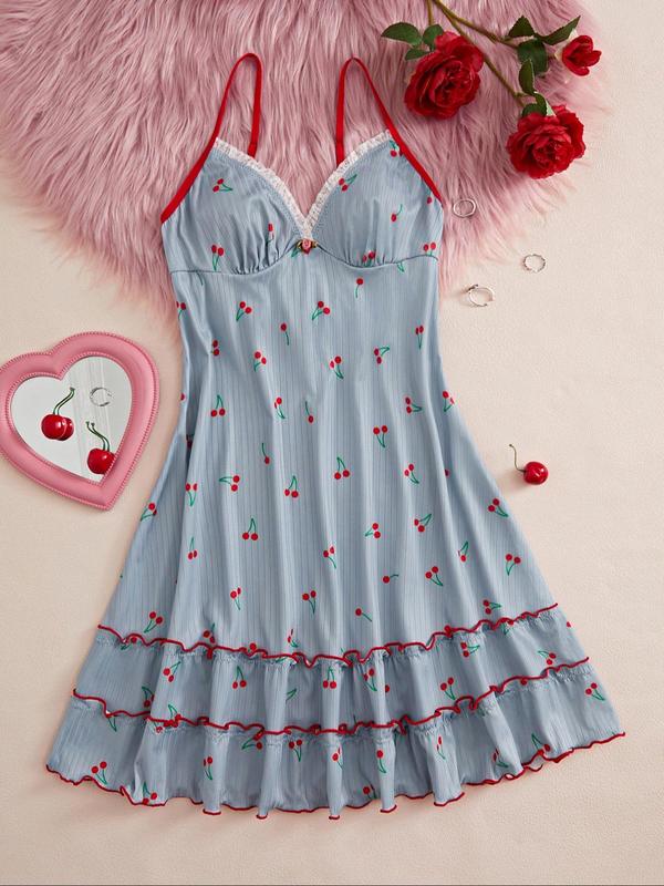 Women's Cherry Print Contrast Lace Frill Cami Nightdress, Summer Wear 2024, Adjustable Spaghetti Strap Contrast Binding Deep V Neck Night Gown for Women, House Dress, Cute Nightwear, Ladies Sleepwear for All Seasons