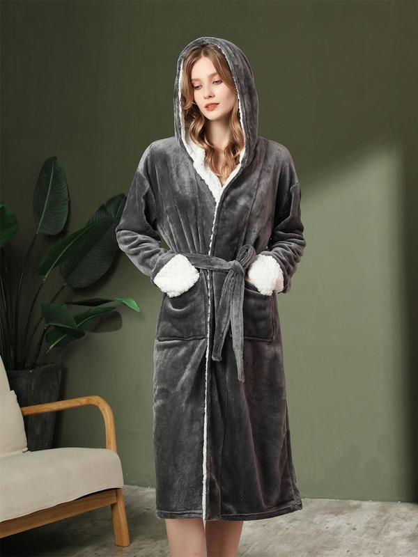 Women's Solid Thickened Belted Hooded Flannel Robe, Comfort PJ for Homewear, Casual Long Sleeve Pocket Design Thermal Lined Bathrobe for Fall & Winter, Women's Sleepwear for Indoor Home Wear