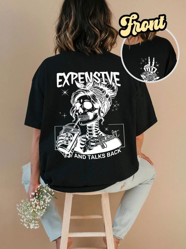 Women's Skull & Rose Print Drop Shoulder Tee, Casual Short Sleeve Round Neck T-shirt for Daily Wear, Ladies Clothes for All Seasons, Halloween Shirt