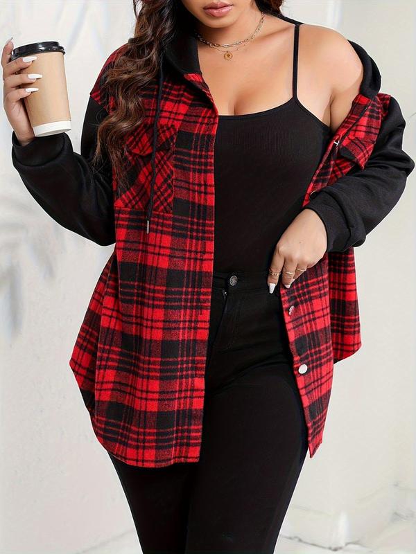 Plus Size Colorblock Plaid Print Button Front Shirt Jacket, Casual Drop Shoulder Long Sleeve Flap Pocket Outerwear for Fall & Winter, Women's Clothes for Daily Wear