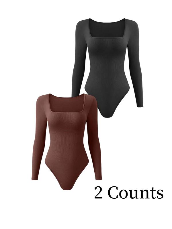 Women's Solid Square Neck Long Sleeve Shapewear Bodysuit, Casual Comfy Tummy Control Shaper for Daily Wear, Ladies Shapewear for All Seasons Womenswear Tops Womenswear Tops