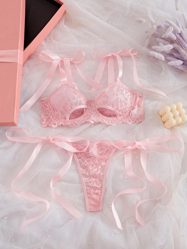 Sexy lingerie lace bra set ultra-thin cup underwire pull together transparent three-point pajamas