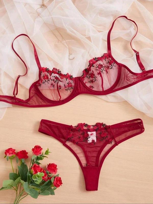 Women's Floral Embroidery Sexy Lingerie Set, Adjustable Strap Bra & Sheer Panty Two-piece Set, Sexy Underwear Set for Women