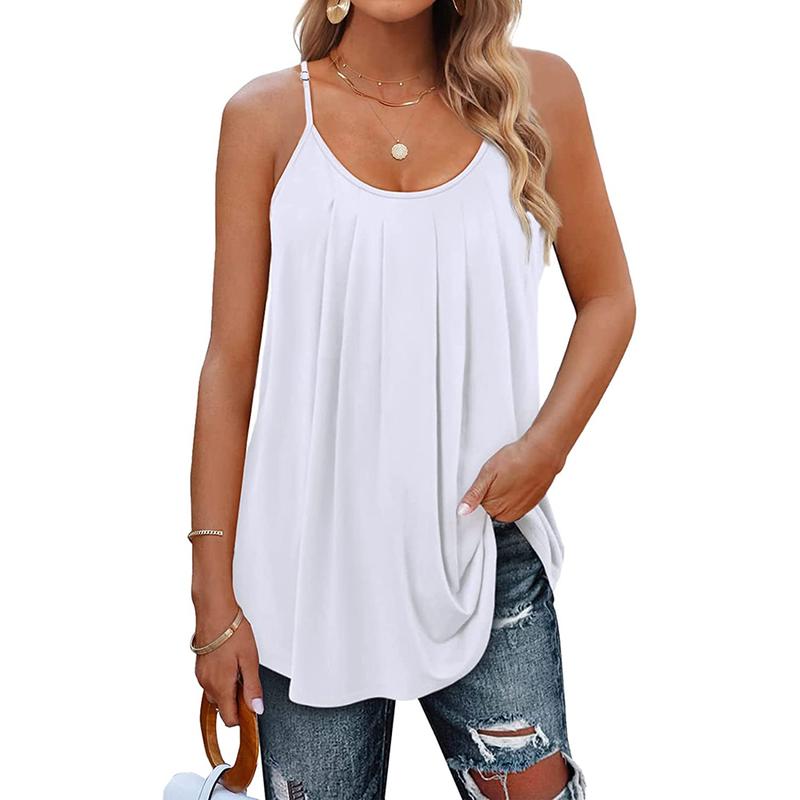 Women Summer Tank Tops Pleated Spaghetti Strap Loose Fit Casual Sleeveless Womenswear Camisole