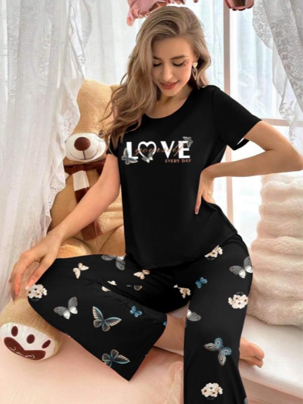 Women's Letter Butterfly Graphic Pyjama Set, Casual Crew Neck Tee & Elastic Waist Pants for Daily Home Wear, Soft Sleepwear Set for All Seasons, Lounge Co-ord Set for Women, PJ Sets for Women, Loungewear & Homewear for Women