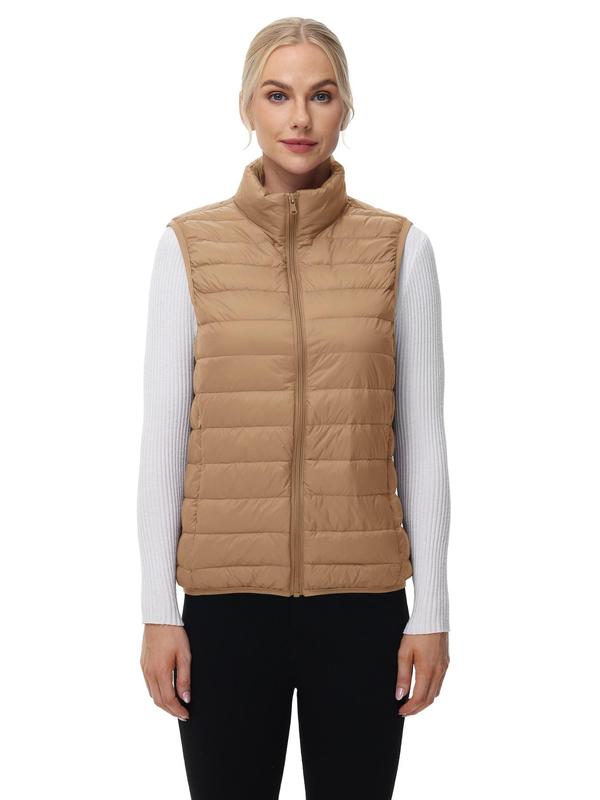 Women's Solid Zip Up Thermal Lined Funnel Neck Vest Jacket, Casual Waterproof Sleeveless Pocket Sports Down Coat for Hiking Camping, Ladies Sportswear for Fall & Winter