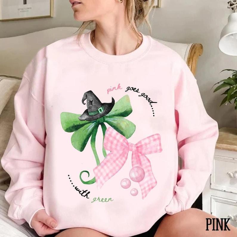 Wicked the Movie Sweatshirt Hoodie, Wicked Inspired Bow Pink Goes Good With Green Broadway Movie Elphaba Glinda Coquette Glitter Tee, Wizard of Oz