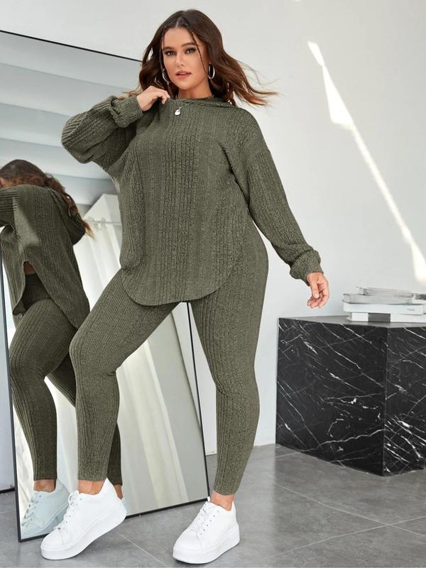  Plain Split Curved Hem Hoodie & Leggings Lounge Two-piece Set, Casual Fashion Cozy Breathable Two Piece Wear for Daily Home Wear, Women's Sleepwear for Spring & Fall, Fall Wear, Fallfreshness Clothes, Comfort Long Sleeve Suits Overalls