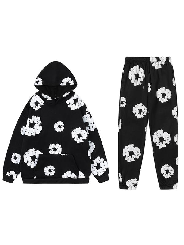 Two-piece Set Women's Floral Print Pocket Hoodie & Drawstring Waist Sweatpants Set, Casual Long Sleeve Hooded Pullover & Elastic Waist Pants, Women's Fall & Winter Clothes, Comfort Sweat Set