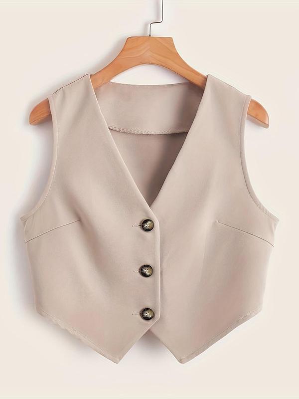 Women's Solid Button Front V Neck Crop Vest Blazer, Elegant Fashion Asymmetrical Hem Sleeveless Top for Daily Outdoor Wear, Women Clothing for All Seasons