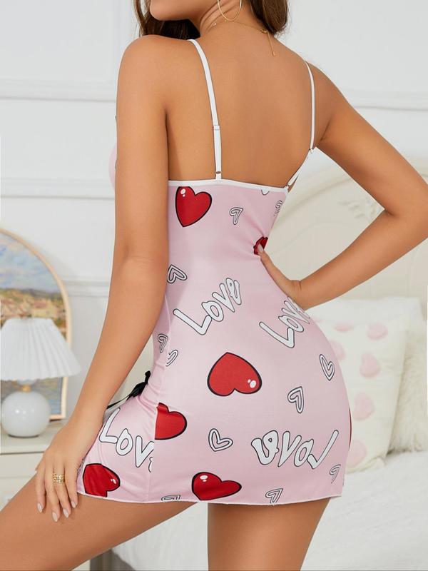 Women's Heart & Letter Print Bowknot Decor Contrast Lace Cami Nightdress, 1 Count Adjustable Spaghetti Strap Split Hem Nightgown, Soft Comfortable Sleepwear Loungewear for Women