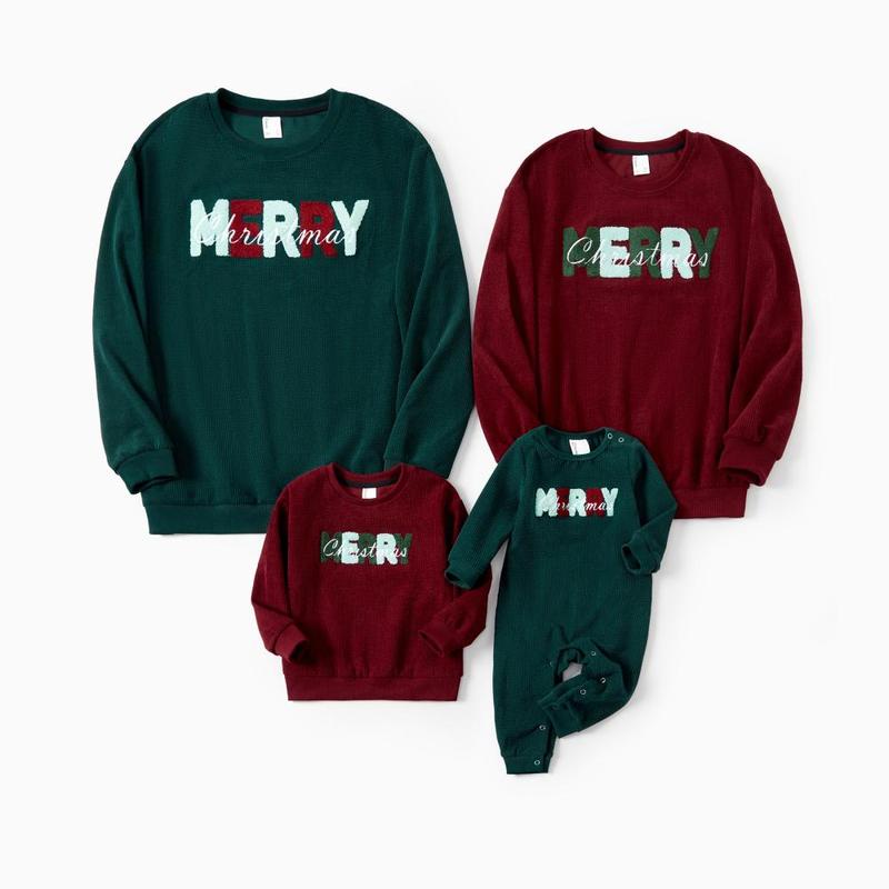 PatPat Christmas Sweatshirt Matching Family 3D Fluff Merry Christmas Green&Red Long Sleeves Ribbed Tops