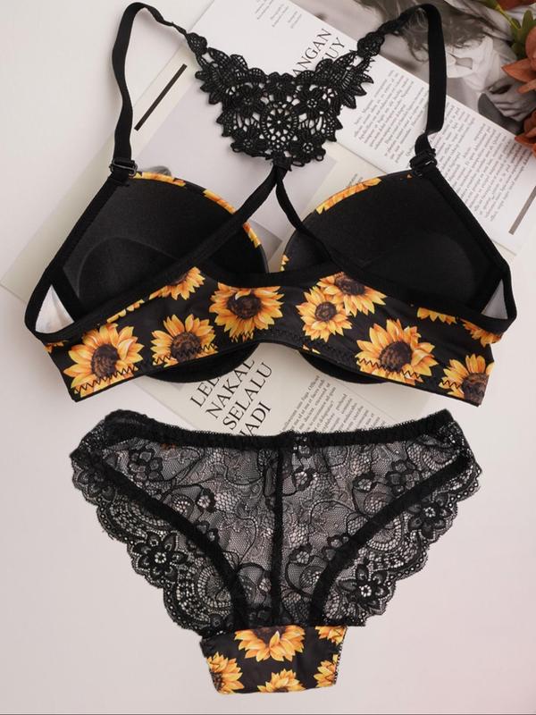 Two-Piece Set Women's Sunflower Print Contrast Lace Push Up Bra & Knicker Set, Adjustable Strap Sheer Lingerie Top & Panty Set, Lingerie Set for Women