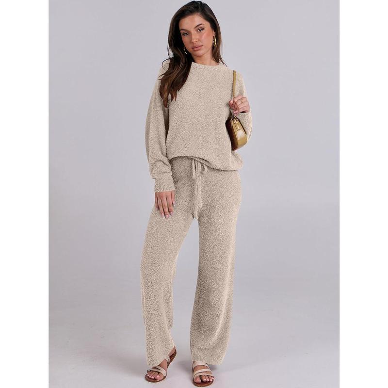 Women's Fuzzy Fleece Pajama Sets 2 Piece Outfits Long Sleeve Top Wide Leg Pants Lounge Matching Set 2024 Case Winter