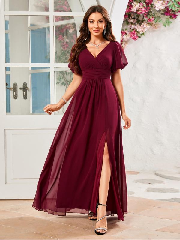 Women's Plain Backless Split Thigh Chiffon Evening Dress, Elegant Formal Wear, Puff Sleeve V Neck Zipper Back A Line Dress for Party & Banquet, Ladies' Clothes for All Seasons