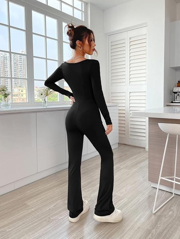 Womens Sexy Open Back Long Sleeve Flared Bottom Pants Romper Bodycon Jumpsuit