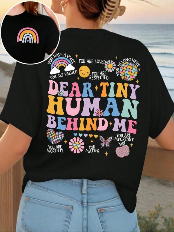 Women's Rainbow & Letter & Floral Print Round Neck Graphic Tee, T Shirts for Women, Vintage Trendy Casual Short Sleeve T-shirt for Daily Wear, Ladies Summer Outfit