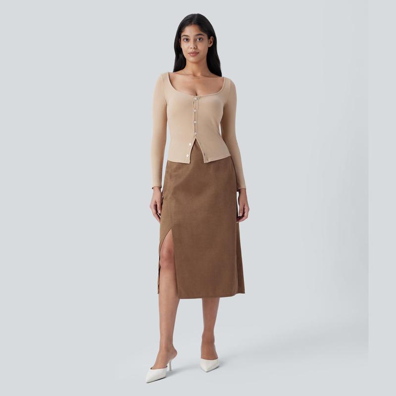 Halara High Waisted Side Pocket Split Suede Midi Work Skirt