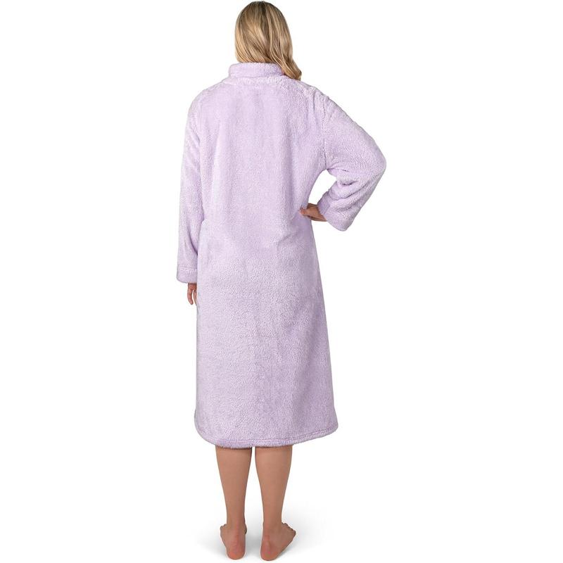 Womens Housecoat Zip Robe, Sherpa Zip Up Front Robe Bathrobe, Plush Warm Zipper House Coat Lounger, Pockets Fluffy