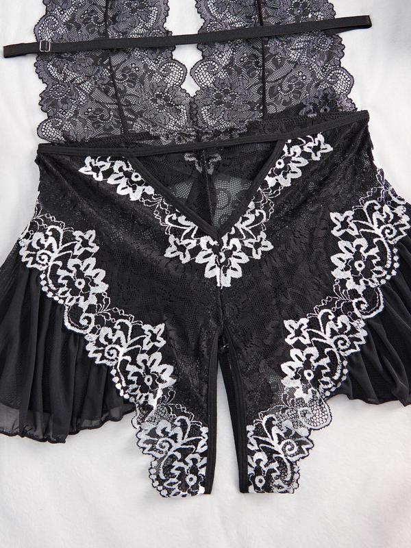 Women's Floral Lace Backless Peplum Sheer Bodysuit with Open Crotch Design, Bow Decor Contrast Mesh Tie Back Sexy Lingerie, Ladies Sexy Lingerie for All Seasons