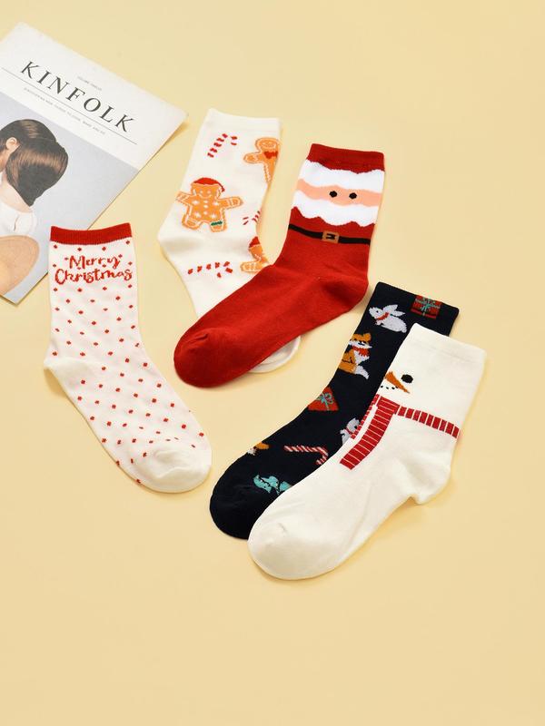 Women's Christmas Themed Cartoon Print Crew Socks, Cute Comfy Socks for Daily Wear, Women's Socks for All Seasons