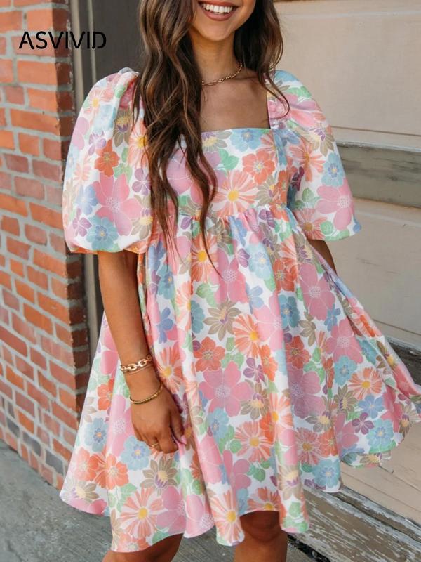 Women's Floral Print Puff Sleeve Vintage Smock Dress, Dresses for Women, Summer Dresses 2024, Boho Romantic Short Sleeve Square Neck A Line Sundresses for Vacation Wedding Guest, Ladies Summer Clothes, Women's Back To School Clothing