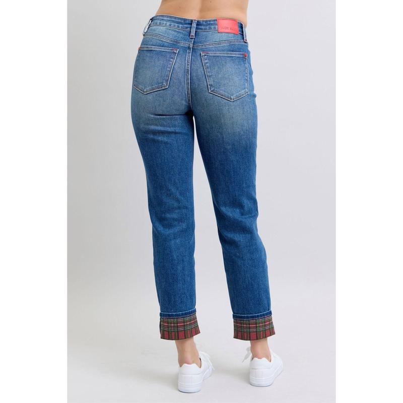 JUDY BLUE MID RISE PLAID PRINT CUFF BOYFRIEND JEANS